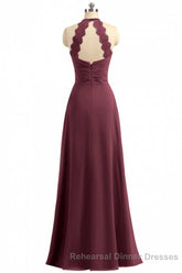 Burgundy Chiffon Halter Long Bridesmaid Dress with Lace Strap